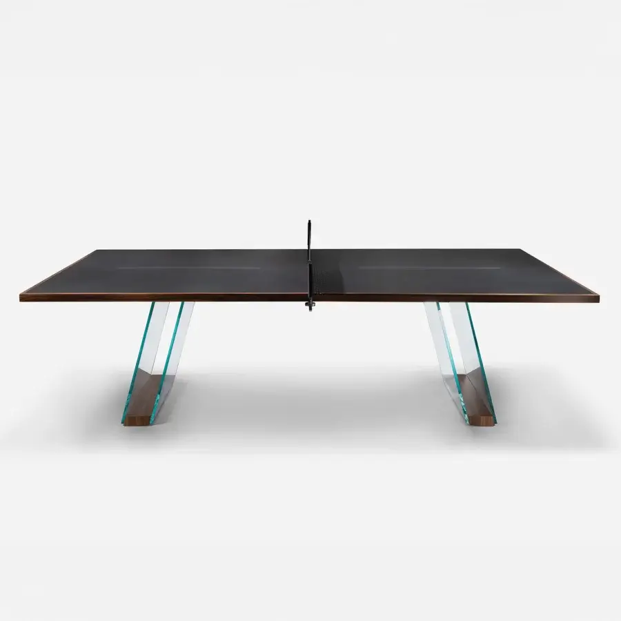 Exceptional Impatia Scambio table crafted in walnut and rosewood with a satin finish and transparent glass legs
