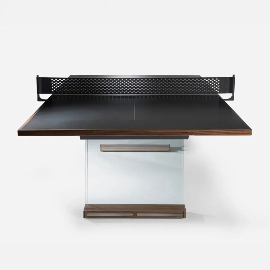 Superior Impatia Scambio table blends fine walnut and rosewood with transparent glass legs in a dark brown satin finish