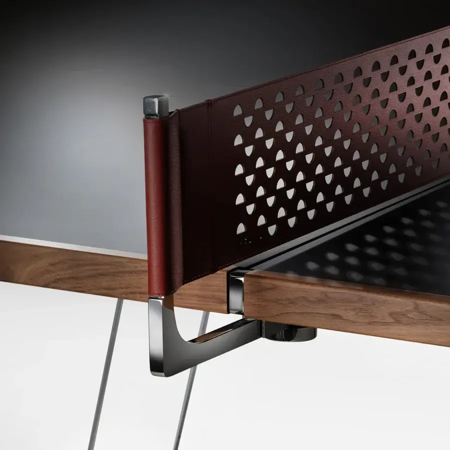 Exceptional Impatia Scambio table blends walnut and rosewood with a reddish-brown surface and transparent glass legs in a satin finish