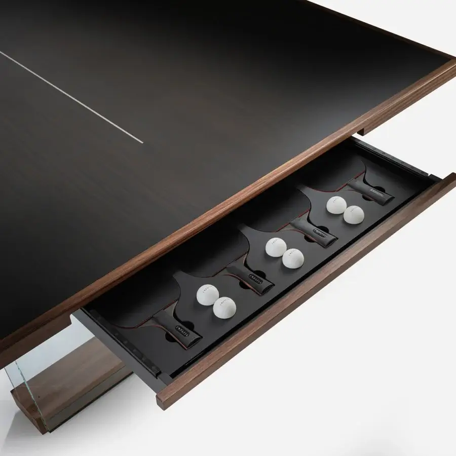Lavish Impatia Scambio table blends walnut and rosewood with a satin finish and transparent glass legs