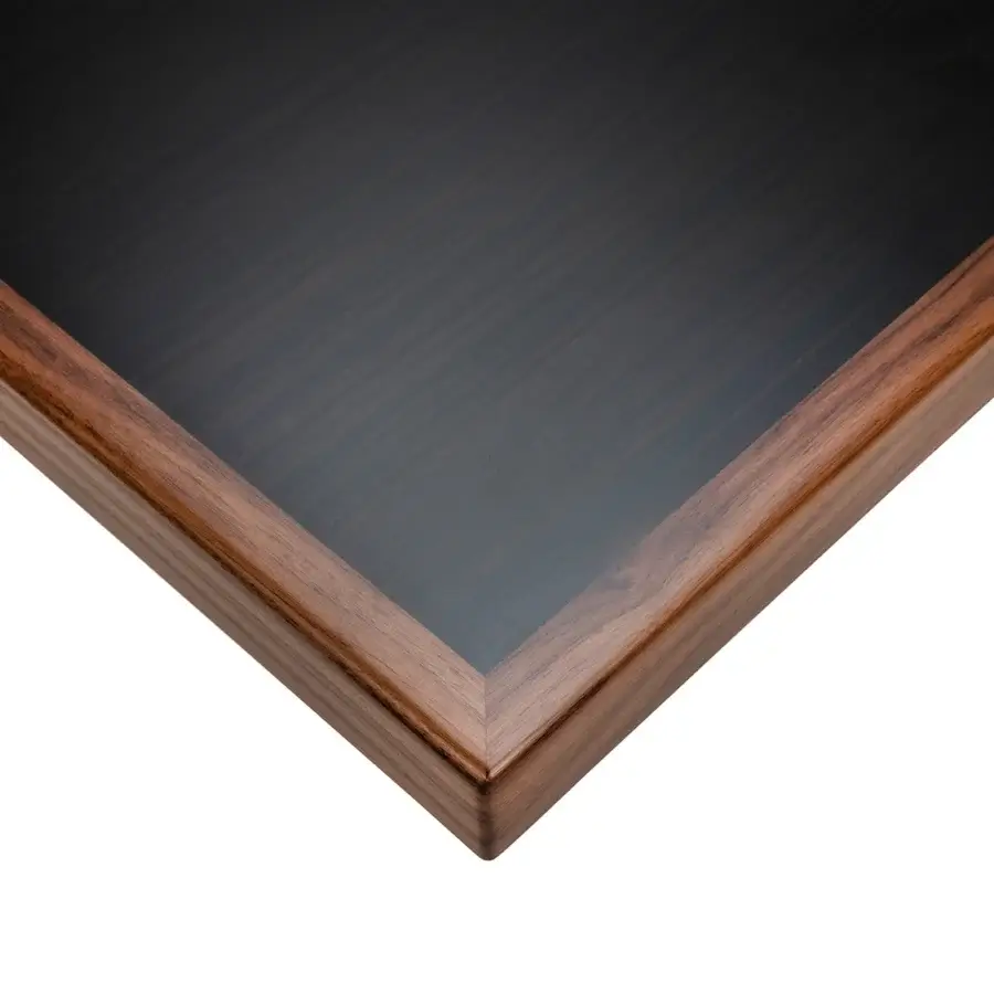 Distinguished Impatia Scambio table blends walnut and rosewood with a satin finish and transparent glass legs