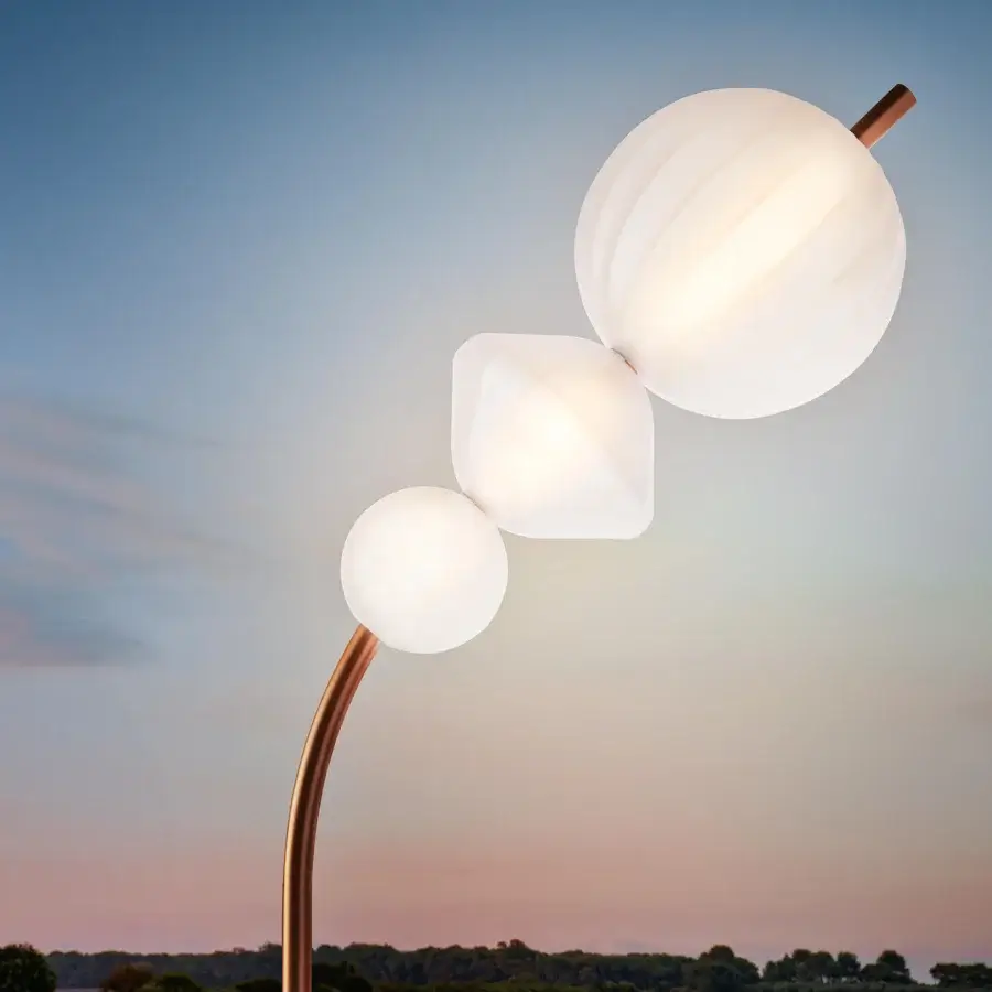 Distinguished Lanzavecchia-Wai Joy floor lamp crafted in marble with a copper-finish metal stem and Poleasy® lampshades