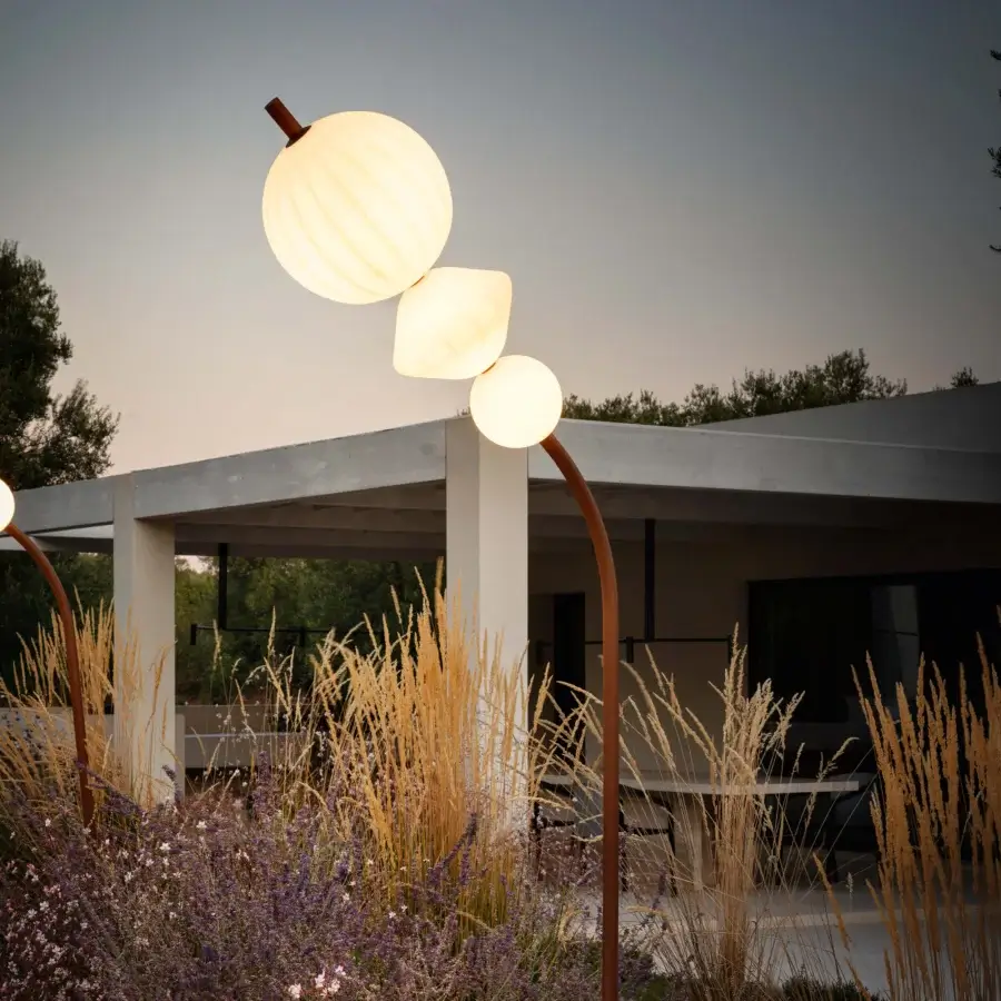 Exceptional Lanzavecchia-Wai Joy floor lamp with a marble base, copper finish, and cascading translucent ribbed lampshades