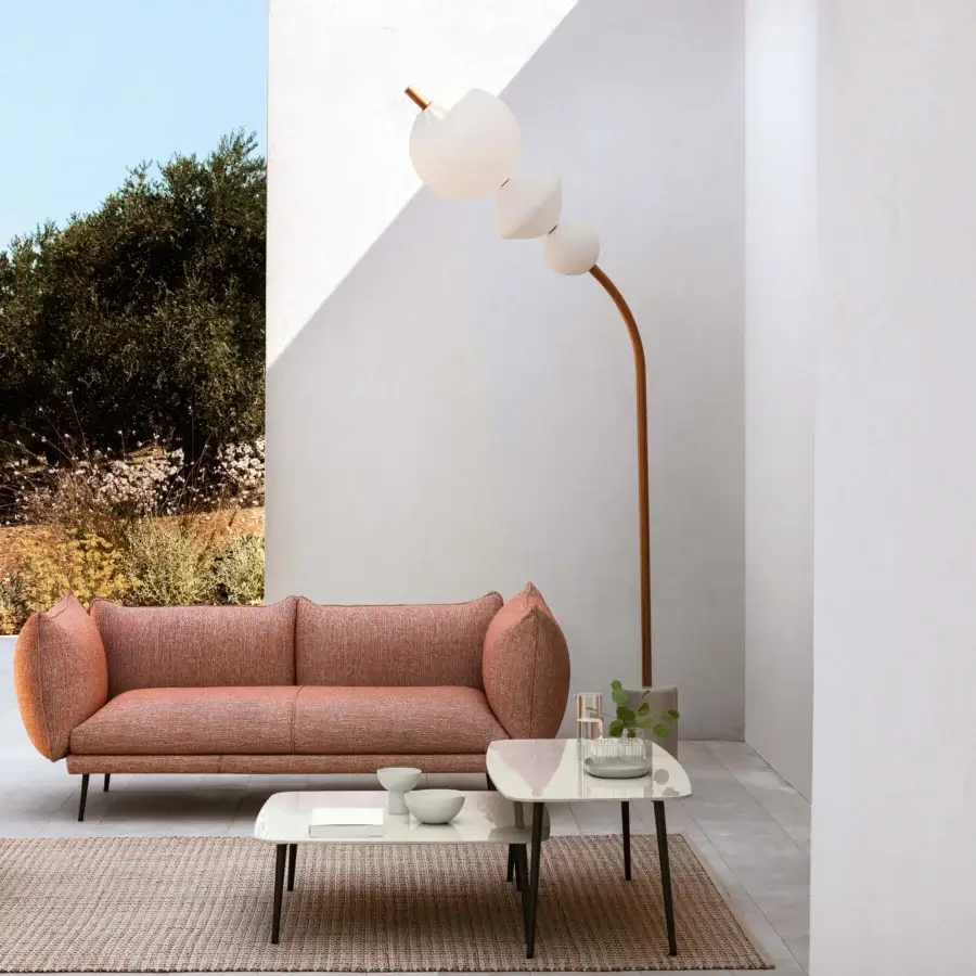 Distinguished Lanzavecchia-Wai Joy floor lamp crafted with a copper-finish metal stem and marble base, displaying translucent Poleasy® lampshades