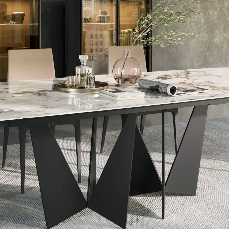 Exceptional Dallagnese Eiffel table with grey and beige marbled tabletop and glossy finish built with dark grey metal blades