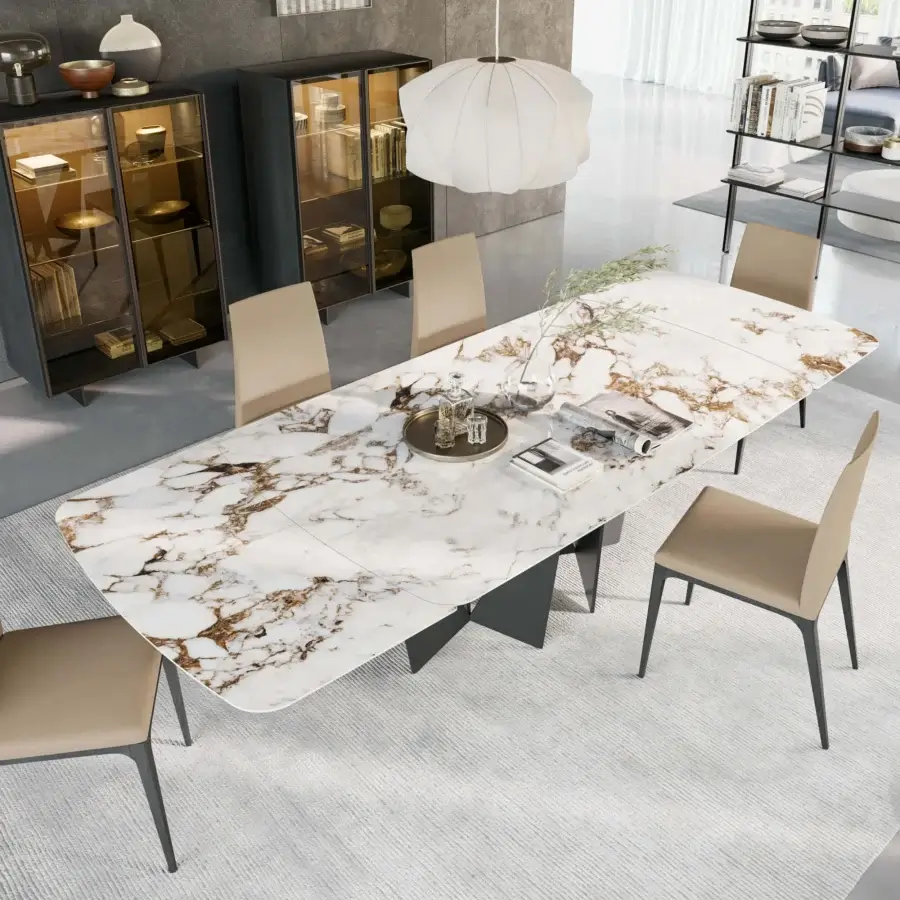 Elegant Dallagnese Eiffel table with white, beige, and gold marble-like laminate tabletop and glossy finish supported by dark gray metal blades