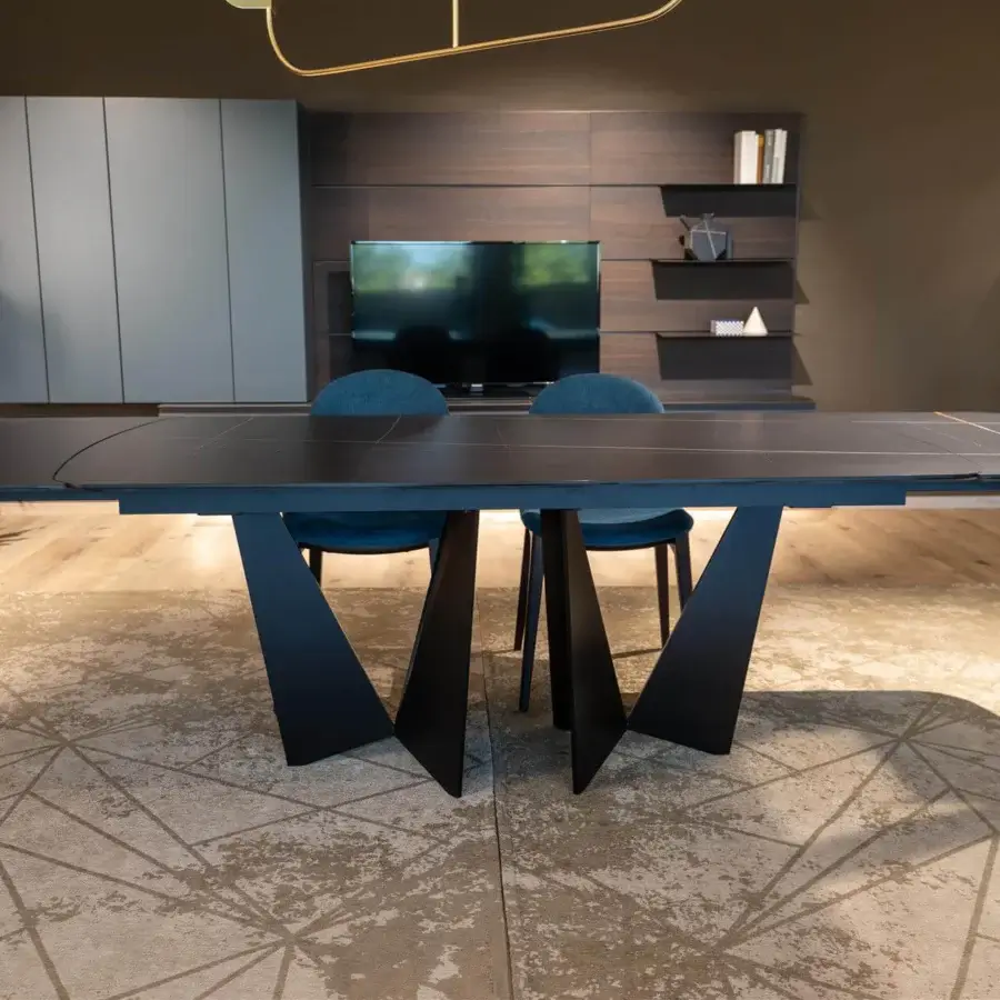 Distinguished Dallagnese Eiffel Shaped table with dark grey matte tabletop and inverted V-shaped metal blades crafted in a matte finish