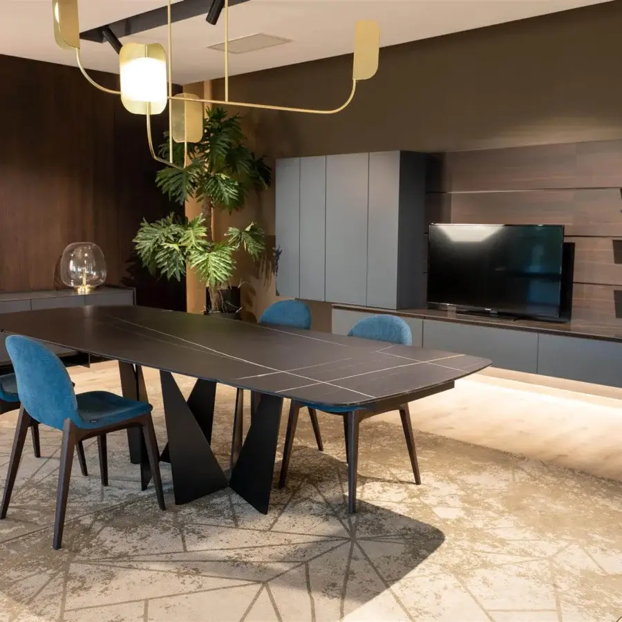 Exceptional Dallagnese Eiffel Shaped table with dark charcoal matte tabletop and angular metal base crafted in Italy