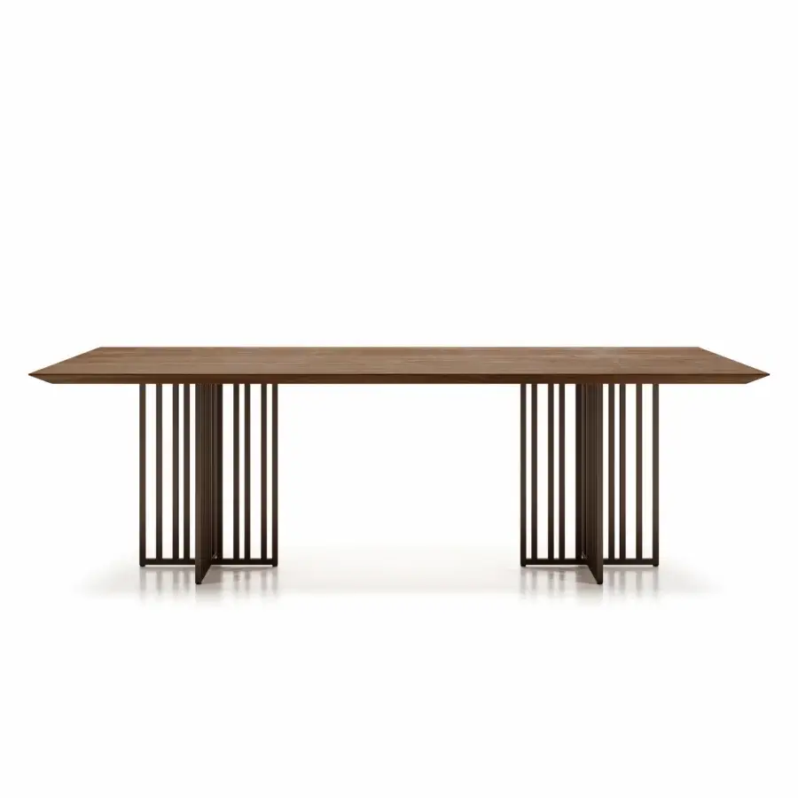 Exceptional Dallagnese Kiri table with medium-brown wood grain and dark matte metal sculptural base crafted in Italy
