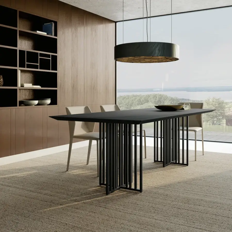 Architectural Dallagnese Kiri table with dark smooth tabletop and striking sculptural cross-pattern metal base crafted in Italy