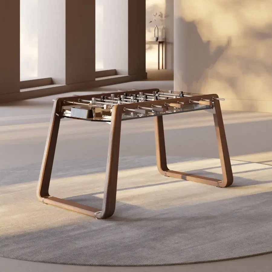 Distinguished Impatia Derby wood foosball table with transparent glass playing field and warm medium-toned brown finish