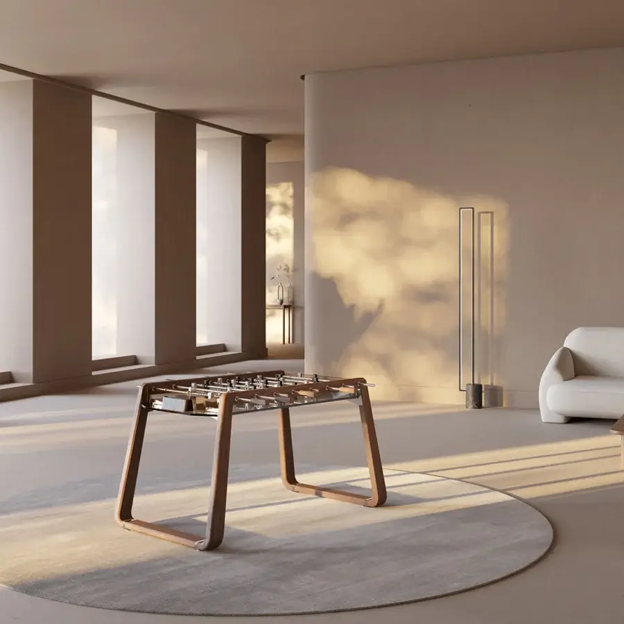 Exceptional Impatia Derby wood foosball table with transparent glass playing field and sleek satin finish