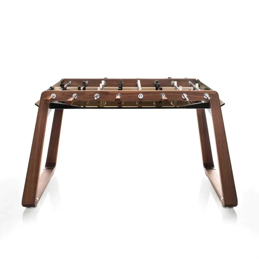 Elegant Impatia Derby wood foosball table crafted in medium-dark brown with chrome rods and handles in satin finish