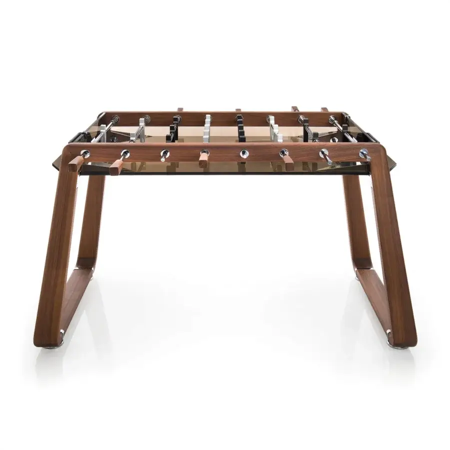 Distinctive Impatia Derby wood foosball table built with transparent glass and warm brown solid wood in satin sheen