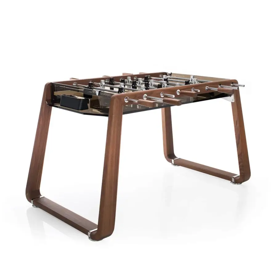 Superior Impatia Derby wood foosball table with transparent glass playing field and satin medium-toned brown finish