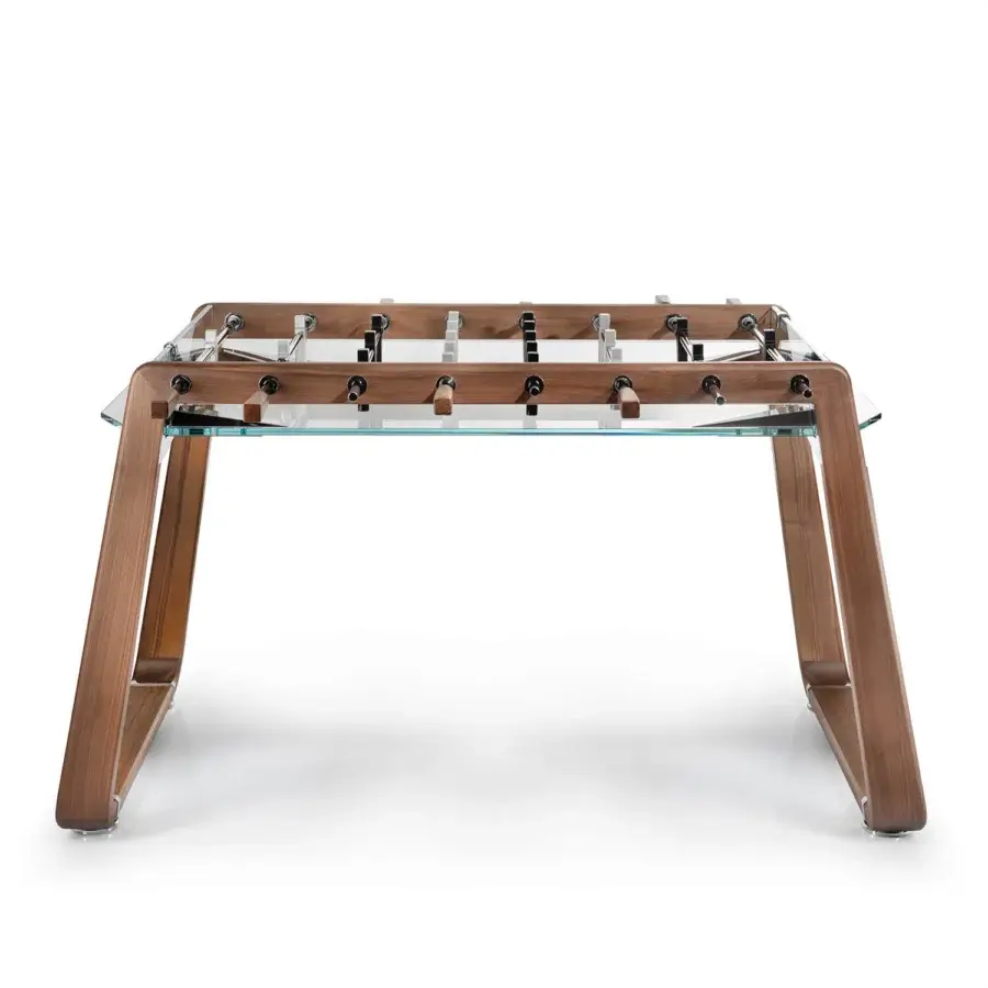 Meticulous Impatia Derby wood foosball table with transparent glass playing field and sleek chrome accents in a satin finish