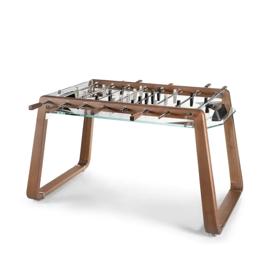 Elegant Impatia Derby wood foosball table crafted with transparent glass and polished silver-toned rods in a satin finish