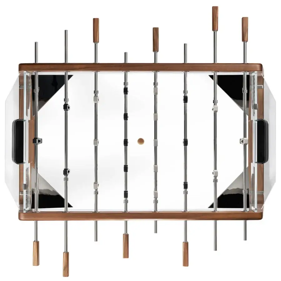 Distinguished Impatia Derby wood foosball table with a transparent glass playing field and medium-brown wood tone
