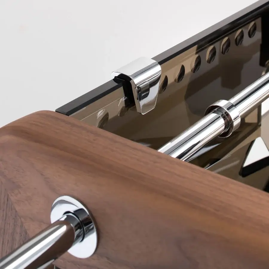 Superior Impatia Derby wood foosball table with a transparent glass playing field and satin finish