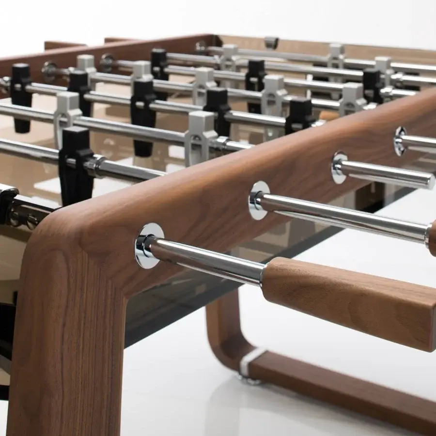 Distinguished Impatia Derby wood foosball table with a medium-toned brown finish and bright silver hardware crafted in Italian artistry