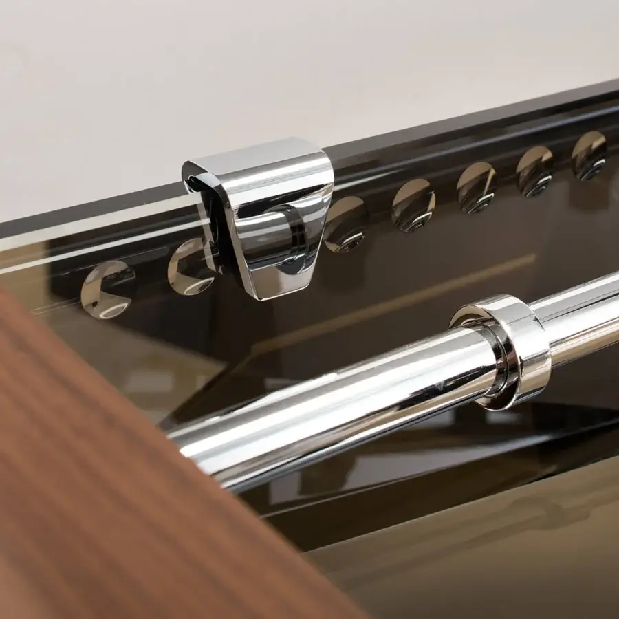 Superior Impatia Derby wood foosball table crafted in dark walnut veneer with polished chrome accents and a transparent glass playing field