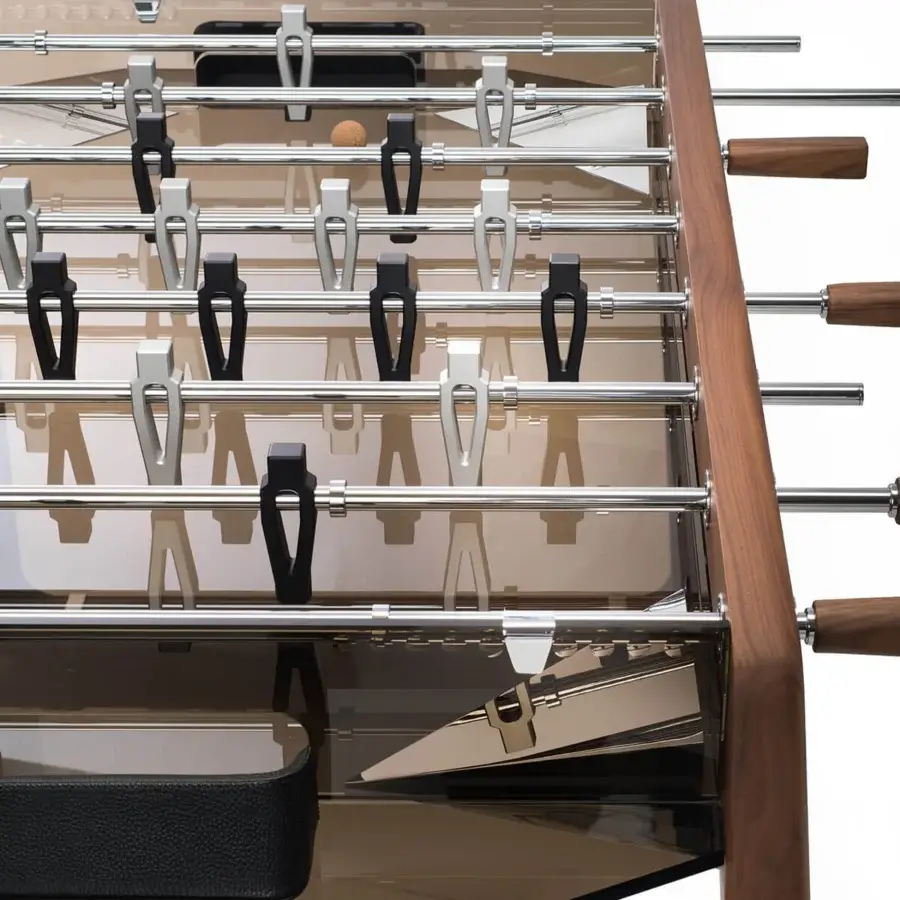 Exceptional Impatia Derby wood foosball table with transparent glass playing field and smooth satin finish