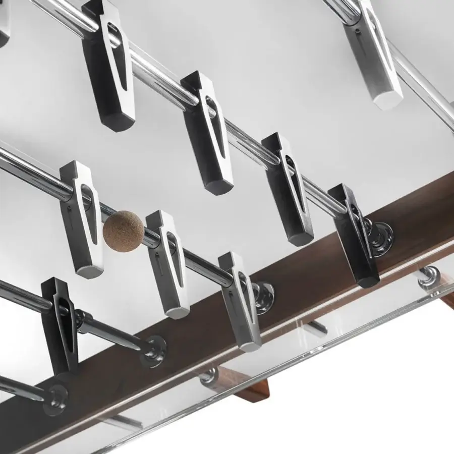 Elegant Impatia Derby wood foosball table with transparent glass and sleek silver-grey metal rods in a polished finish