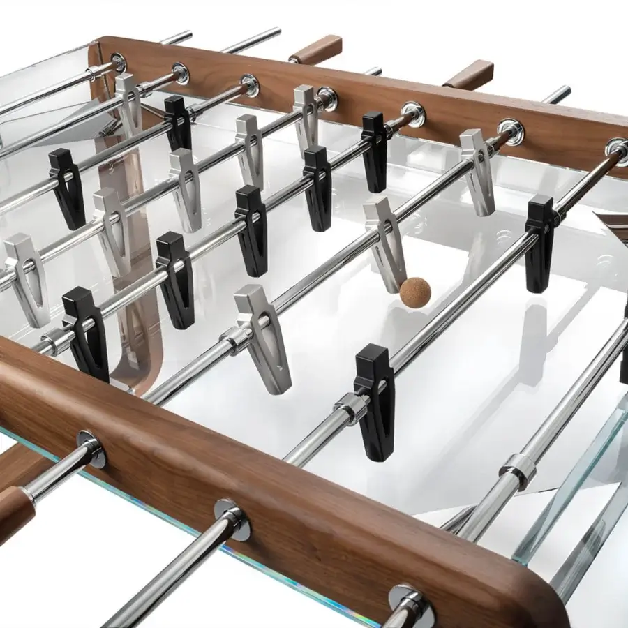 Distinguished Impatia Derby wood foosball table with transparent glass playing field and polished metal rods in a medium-toned finish