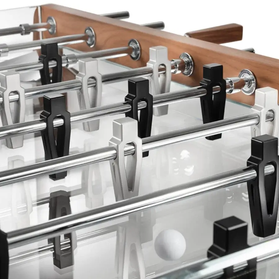 Exceptional Impatia Derby wood foosball table with transparent glass and satin-finished silver-toned metal rods