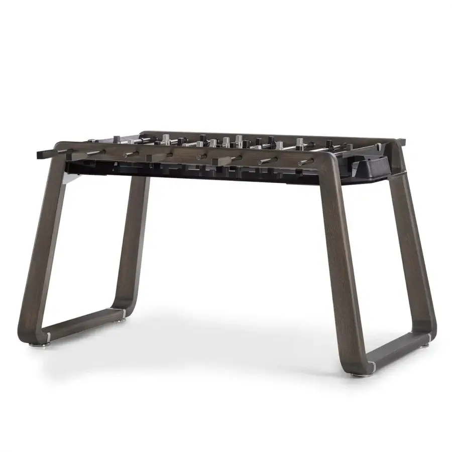 Elegant Impatia Derby wood foosball table crafted with a transparent glass playing field and medium-dark wood tone