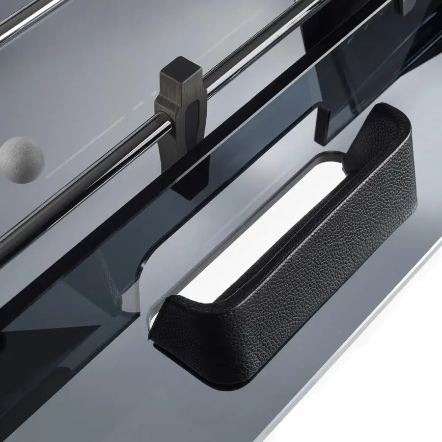 Sophisticated Impatia Derby wood foosball table crafted in dark stained wood with polished silver-toned metal accents and a glossy black drawer front