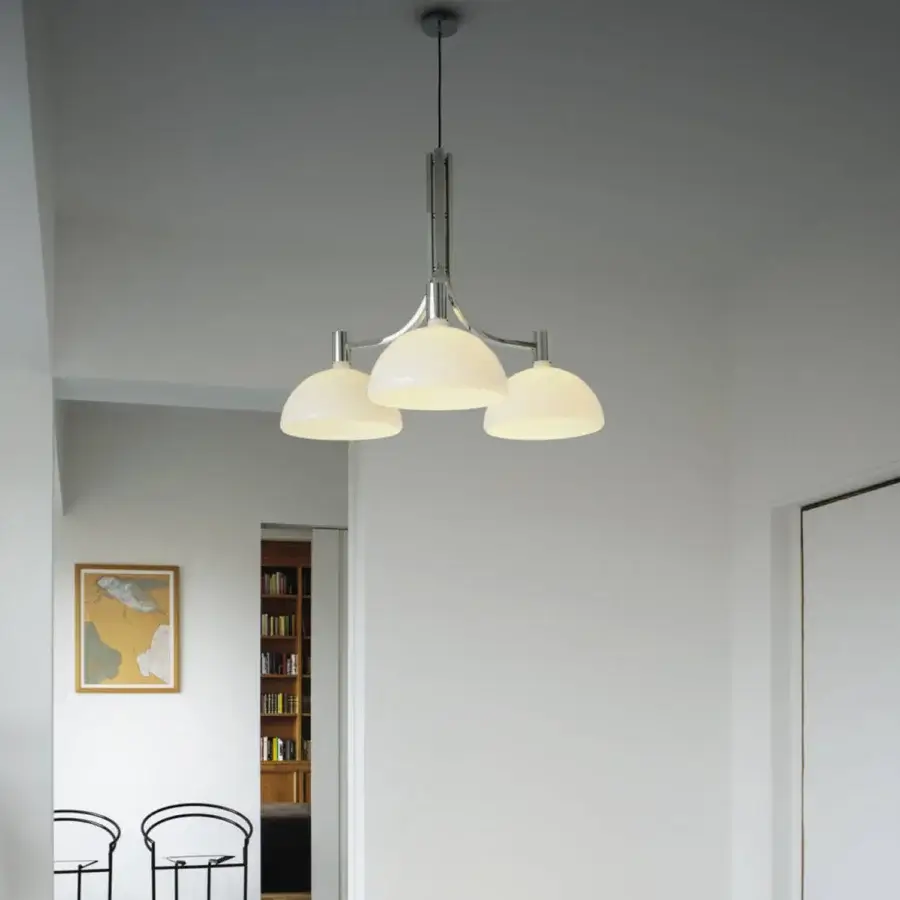 Distinguished Nemo Lighting AS43C suspension lamp crafted in Italy with gently curving form and diffused milky white glass shades with satin finish