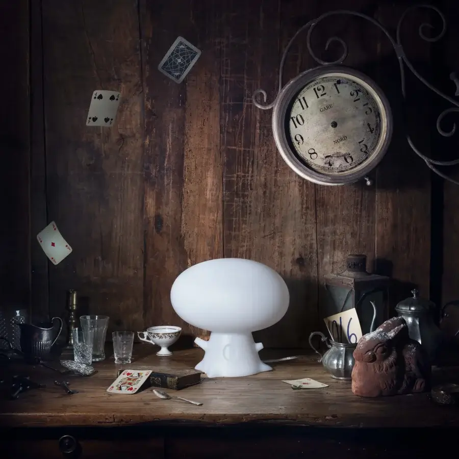 Distinguished MY YOUR Light Tales lamp crafted in Italy with organic mushroom form and consistent matte white synthetic material