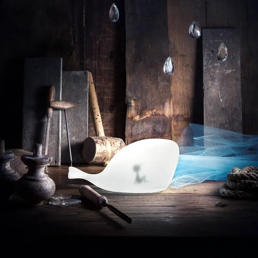 Distinguished MY YOUR Light Tales Moby lamp with translucent synthetic material and soft off-white matte finish draped in semi-transparent blue textile