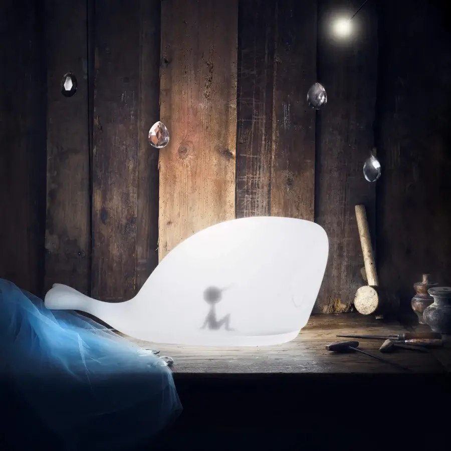 Distinguished MY YOUR Light Tales Moby lamp with luminous whale form crafted in translucent synthetic material and matte finish