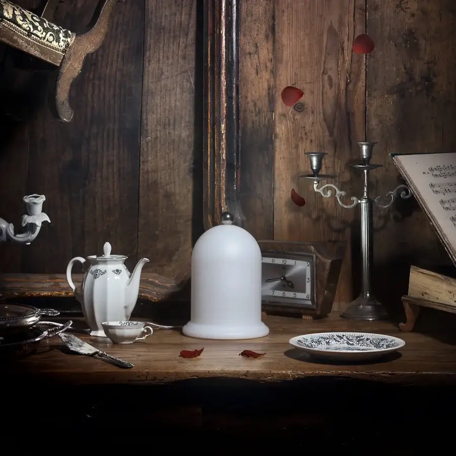 Distinguished MY YOUR Light Tales Moby lamp crafted in Italy with matte plastic and natural wood base exhibiting a subtle clock face
