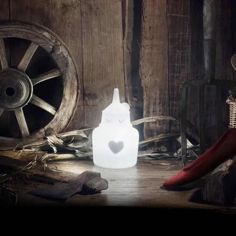 Distinguished MY YOUR Light Tales Moby lamp in frosted translucent synthetic material with milky white finish and heart-shaped cutout