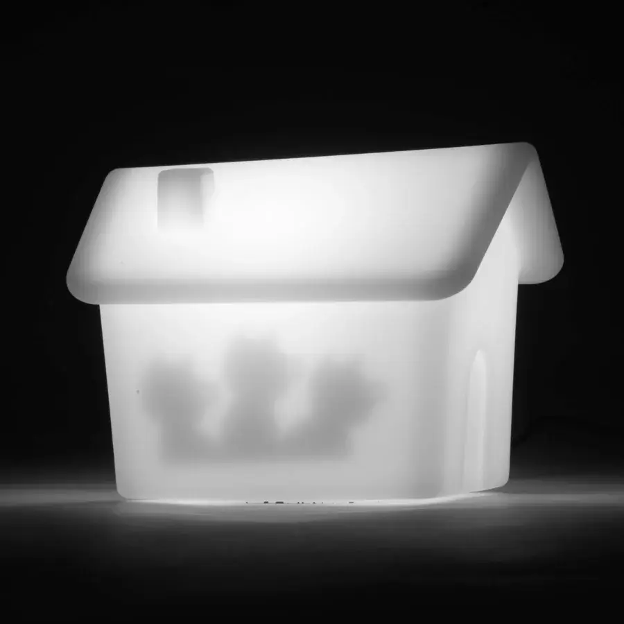 Distinguished MY YOUR Light Tales lamp crafted as a translucent house form with smooth matte finish emitting bright white light