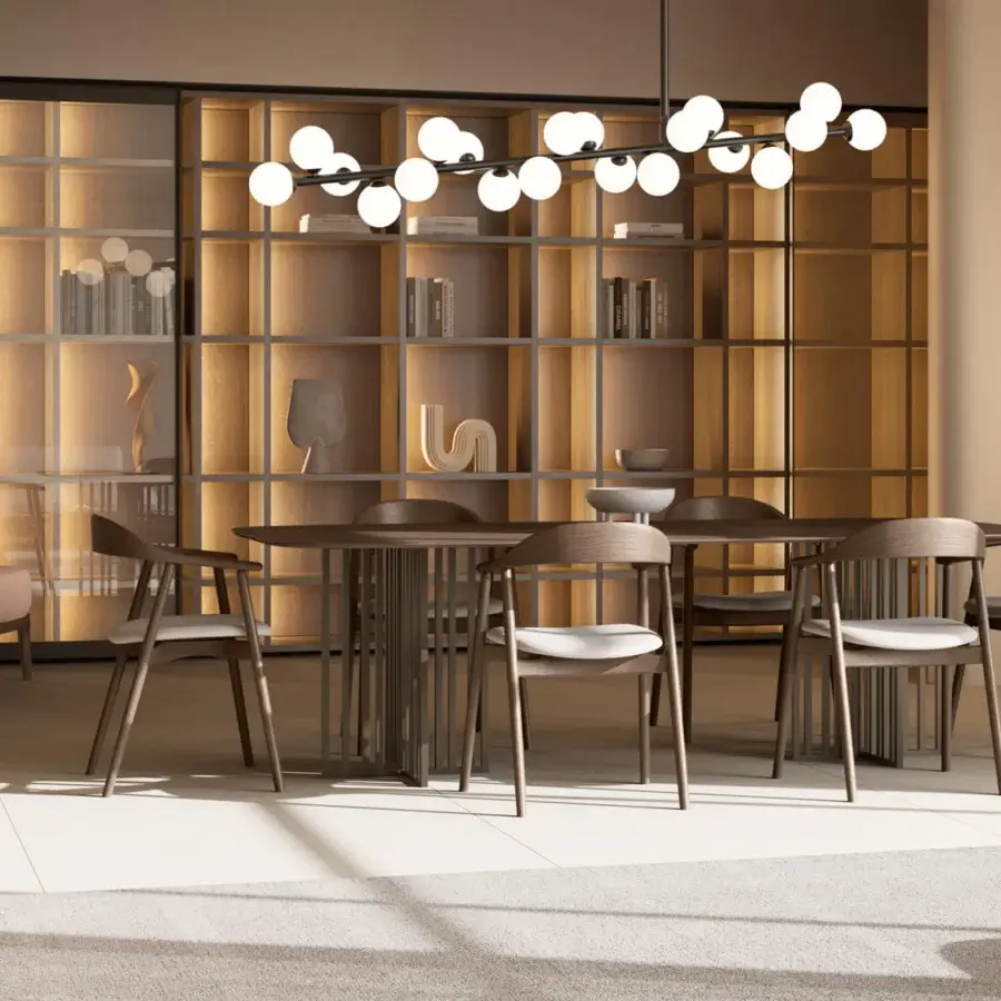 Distinguished Dallagnese Kiri table with a satin-finish wood tabletop and dark matte metal base arranged in a geometric pattern
