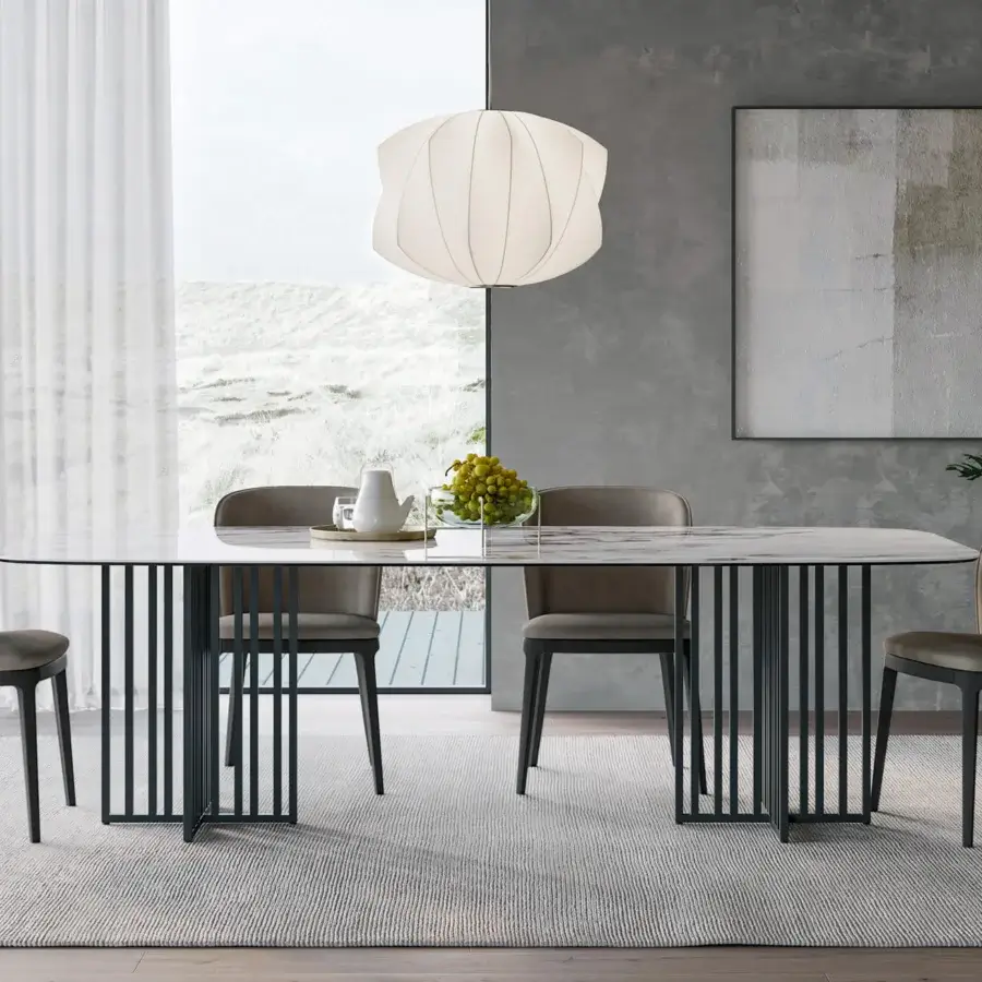 Exceptional Dallagnese Kiri table with a light gray-white glossy polished tabletop and meticulously arranged matte black metal rods