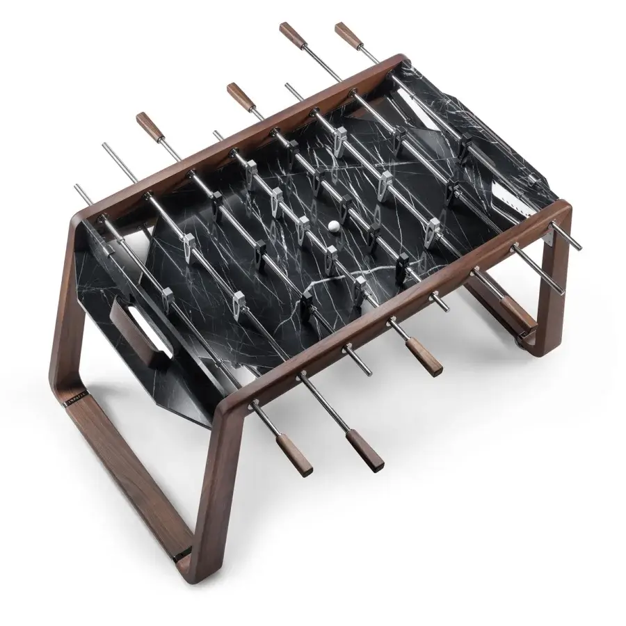 Elegant Impatia Derby signature foosball crafted with walnut wood and Taj Black Quartzite with satin and glossy finish
