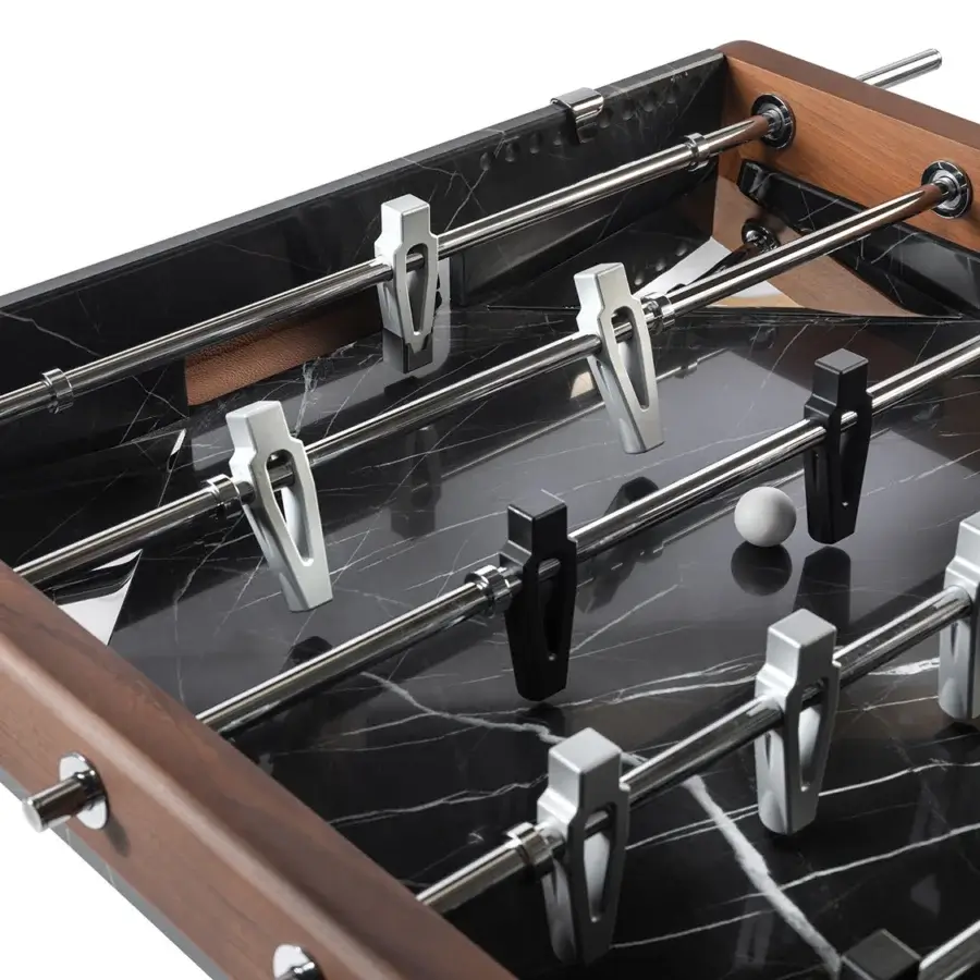 Exquisite Impatia Derby signature foosball crafted with solid walnut wood and Taj Black Quartzite with satin sheen