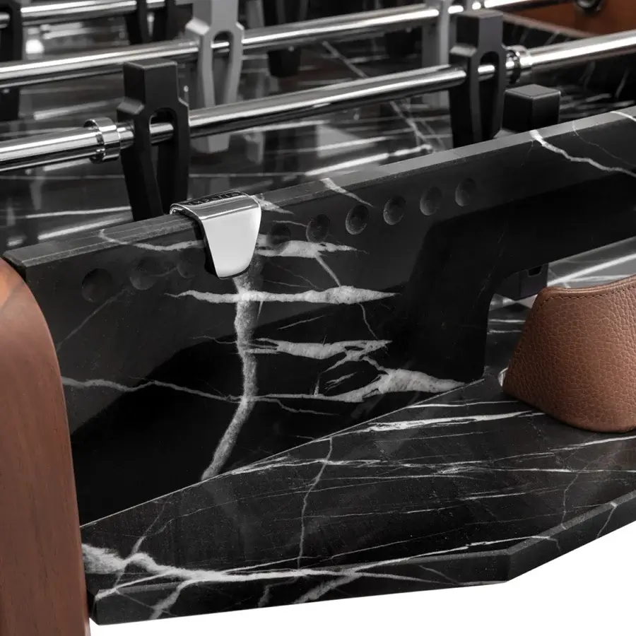 Elegant Impatia Derby signature foosball built with Taj Black Quartzite and walnut wood in glossy and satin finish