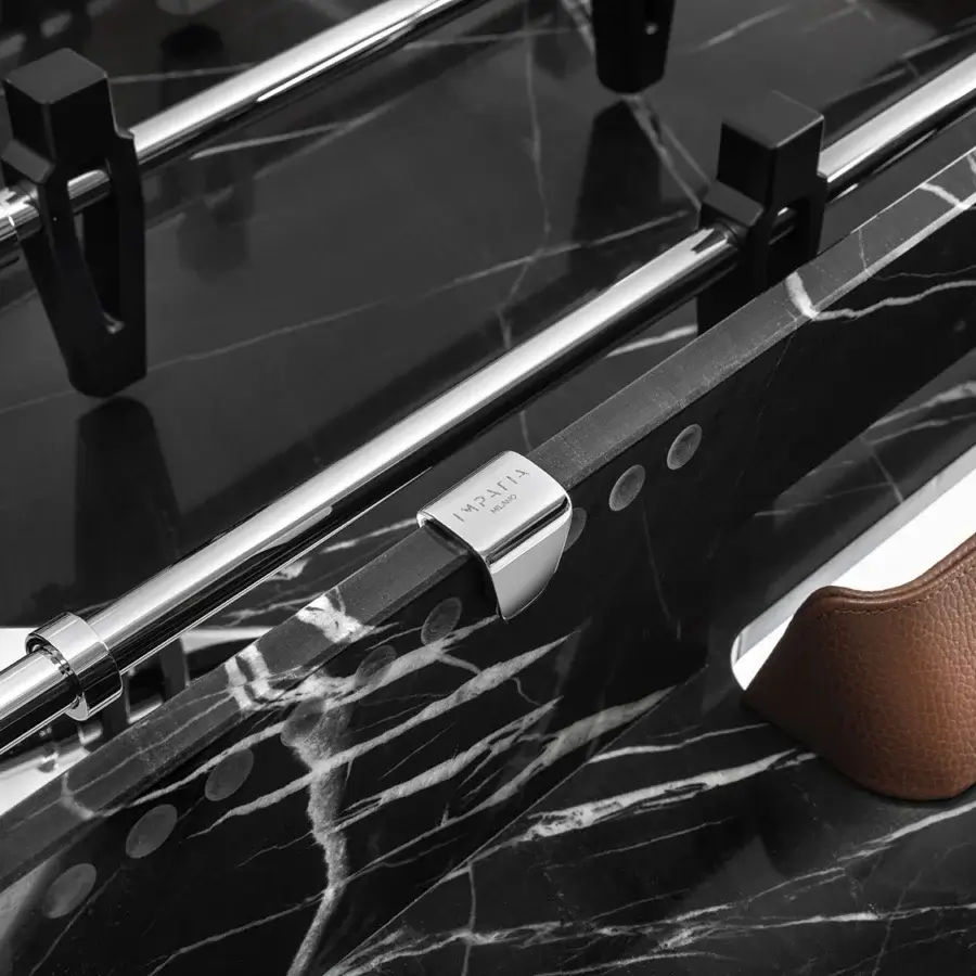 Exceptional Impatia Derby signature foosball built with Taj Black Quartzite, walnut wood and polished chrome rods