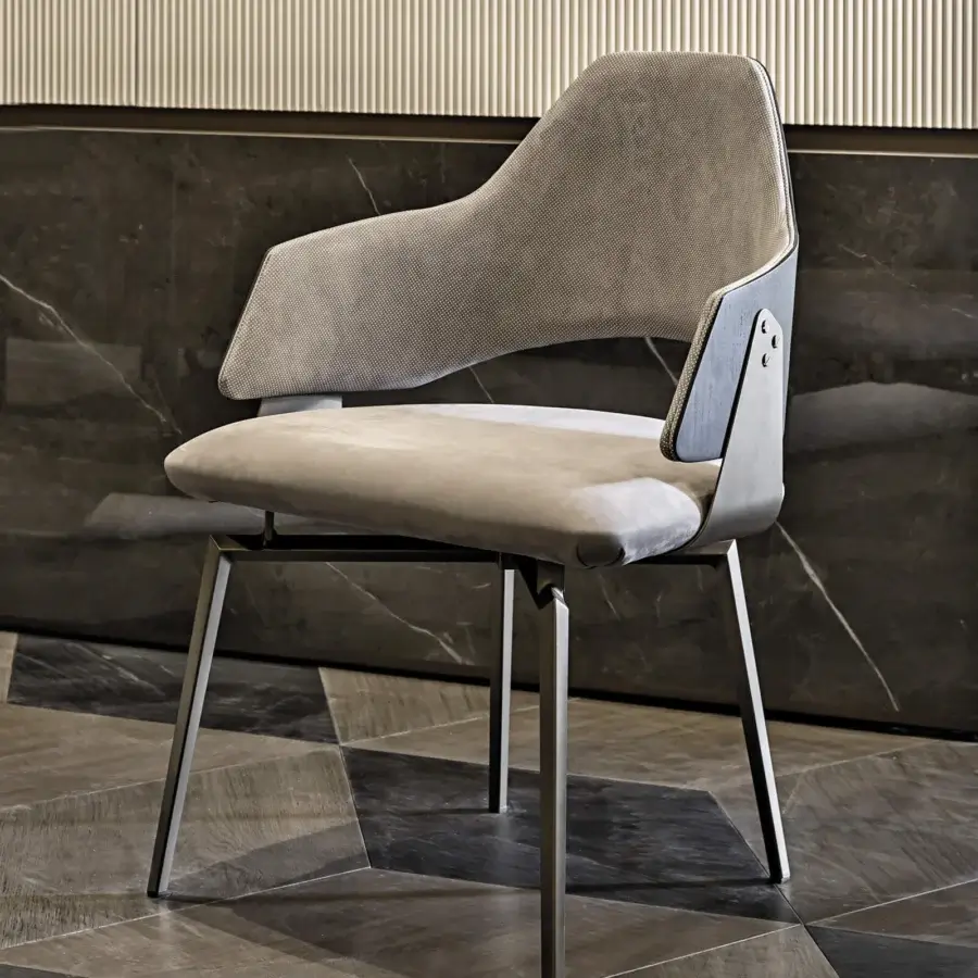 Elegant Shake Chloe armchair with varnished steel, padded acrylic fibre upholstery and curved ash plywood backrest