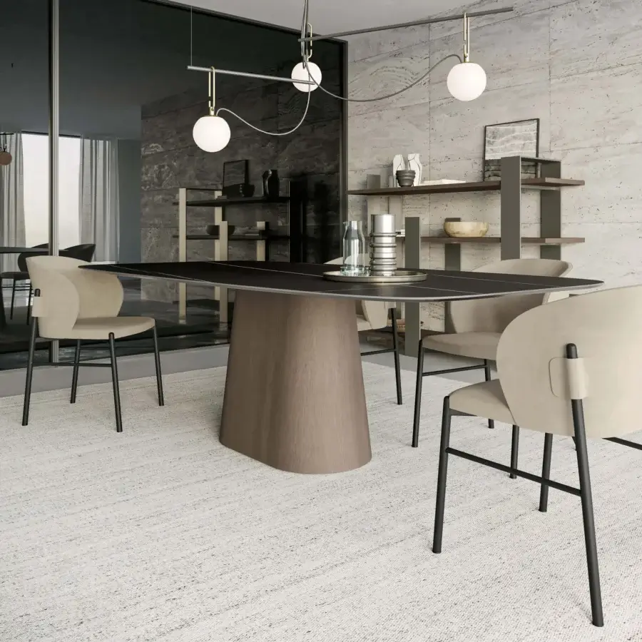 Superior Dallagnese Koniko table crafted in dark stoneware with a satin finished lighter-toned wooden conical base