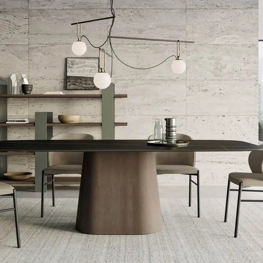 Exceptional Dallagnese Koniko table crafted in dark stoneware with a smooth matte finished wooden base