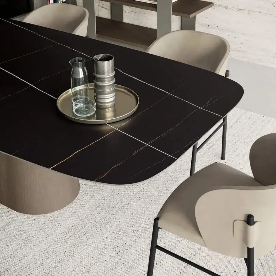 Distinguished Dallagnese Koniko table crafted in dramatic black stoneware with golden veining and polished wooden base