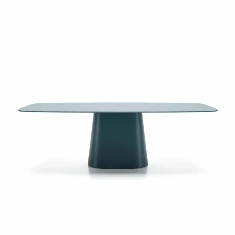 Exceptional Dallagnese Koniko table crafted in muted teal with stoneware top and skilled wooden base embodying contemporary living