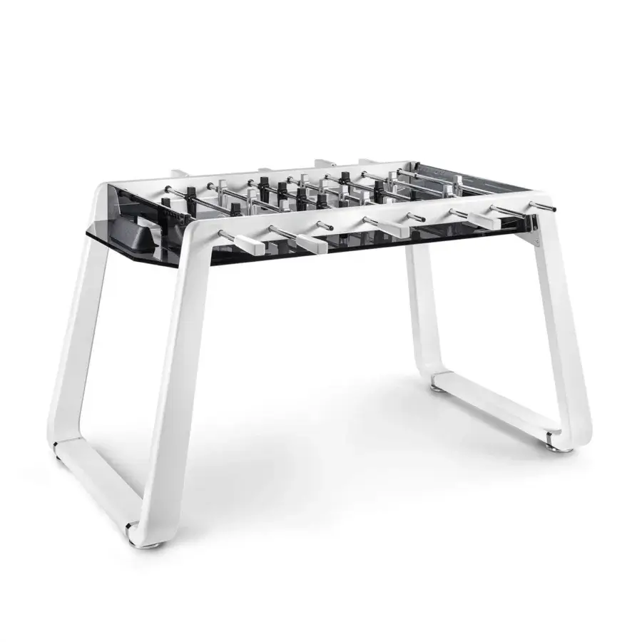 Luxury Impatia Derby Canvas foosball table with lacquered white frame and glossy black playing surface crafted in chrome details
